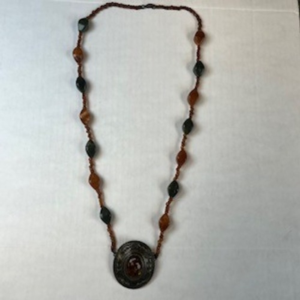 Vintage Style Beaded Medallion Necklace Brown Green Resin Amber Stone Boho 28in